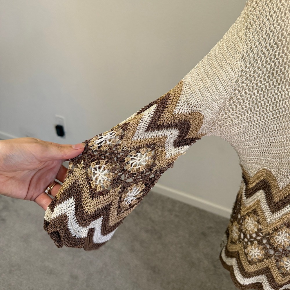 Vintage Silk Blend Crochet Knit Top Sweater Bell Sleeve Cream Brown Small 70s - Picture 3 of 10
